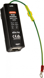 RJ45 EC90 for Shielded Twisted Pair Applications Novaris has introduced an EC90 version of the RJ45 network protection products. This particular unit is designed for installation in the field end of a Shielded Twisted Pair cable run to protect the external equipment. The standard variants of the RJ45 protectors connect the shield directly to earth through the DIN rail on the product for a low impedance connection to earth. To prevent current flow onto the shield of the cable there can only be one connection to earth. For this reason the field protection device has to be isolated from the local earth. The RJ45 EC90 products achieve this using a non conductive DIN rail mount and a Gas Discharge tube between the product and the earth connection provided through the flying lead. During normal operation the unit remains isolated, but during a surge this GDT fires for the duration of the overvoltage and allows the current to pass to earth. The EC90 version are available for both our single device gigabit protectors in the Cat6 and PoE variants.